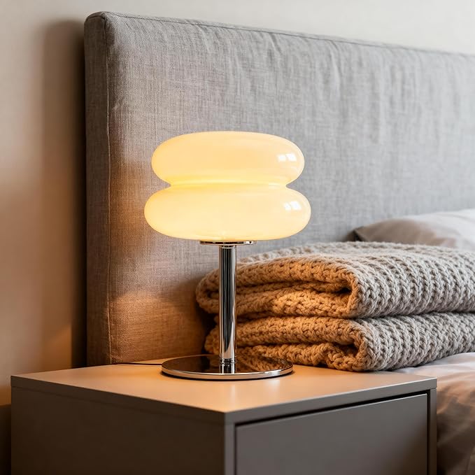 Fandian Beige Table Lamp for Bedroom, Mid Century Modern Lamp for Nightstand, 3 Color Change Egg Tart Bedside Small Lamps, Unique Home Mushroom Cute Desk Lamps