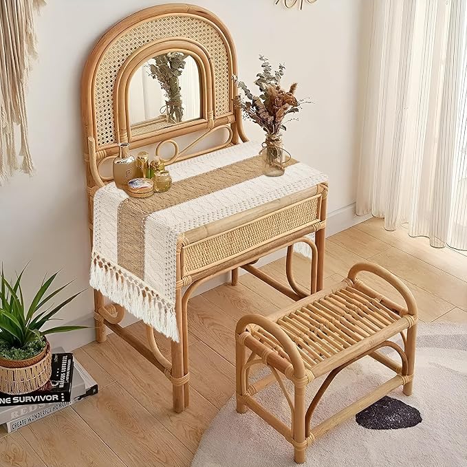 yuboo Boho Table Runner Short, Small Neutral Summer Table Runner 36 Inches, Macrame Dresser Scarf for Nightstand, Coffee Table, End Table, Bedside Table, Rustic Desk Dresser Decor