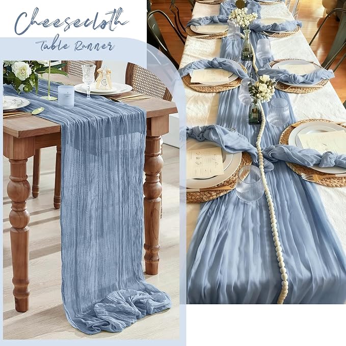 3 Pack Dusty Blue Cheesecloth Table Runner, 17 x 108 Inch, Gauze Cheese Cloth Table Runner Rustic Sheer Runner for Wedding Birthday Party Baby Shower Table Decor(Dusty Blue)