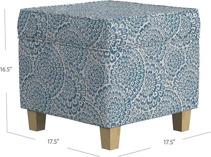 Homepop Home Decor Classic Square Storage Ottoman with Lift Off Lid | Ottoman with Storage for Living Room & Bedroom, Blue and Cream Modern Floral