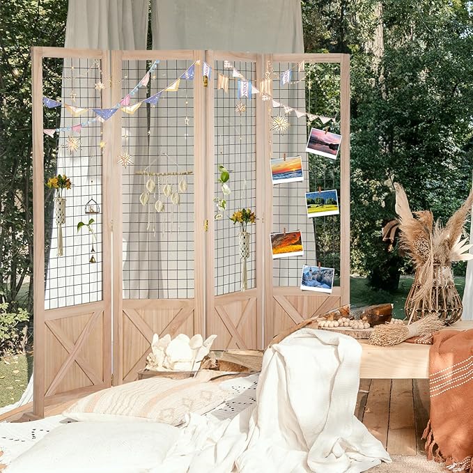 VINGLI Room Divider Freestanding Gridwall, 4 Panel Folding Display Board Organizer with Base Feet, Decorative Wooden Frame Wire Grid Screens for Craft Shows Events Retail (Natural, 5.5'×6')