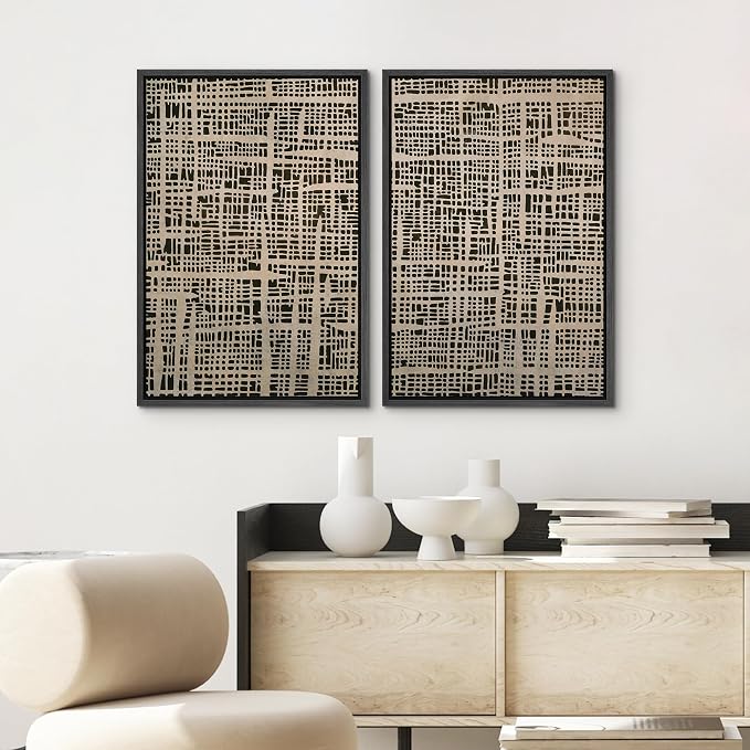 SIGNWIN Framed Canvas Print Wall Art Set Neutral Grid Pattern Abstract Illustrations Graffiti & Street Art Modern Art for Living Room, Bedroom, Office - 16"x24"x2 BLACK