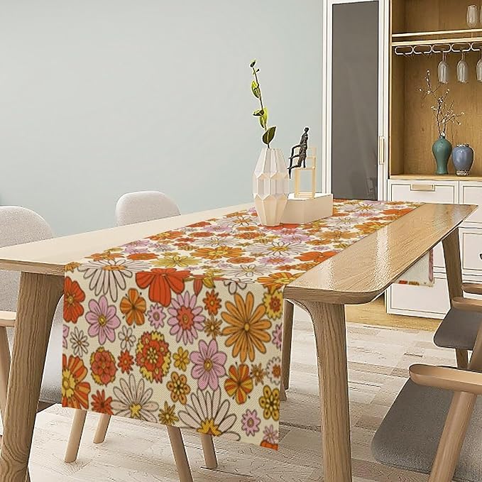 Vintage Floral Table Runner Boho 70s Style Retro Daisies Flower Hippie Groovy Funny Pattern Dinner Runner for Home Kitchen Dining Table Party Decor 13"x36"