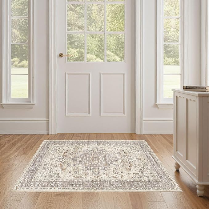 2x3 Rug Small Area Rugs: Washable Boho Neutral Vintage Soft Indoor Floor Oriental Carpet Farmhouse Floral Low Pile Non Slip Throw Carpet for Kitchen Entryway Bedroom Nursery Entry- Brown