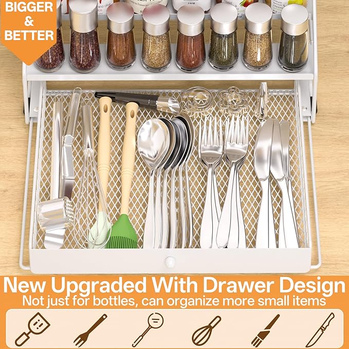 DTUQYX Spice Rack Organizer for Cabinet: 4 Tier Spice Organization with Drawer, Depth Adjustable Metal Shelf for Kitchen Countertop, Cupboard, Pantry, Holds Seasoning and Condiments (White)