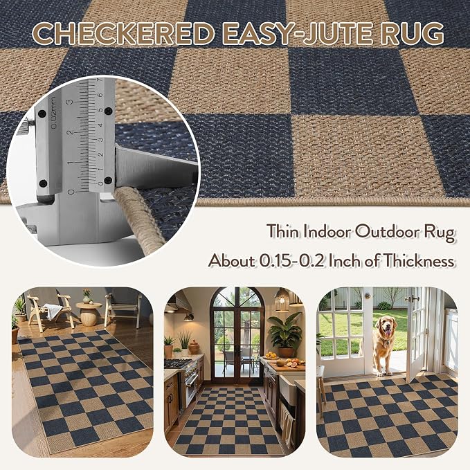 Lahome Colette Checkered Easy Jute Indoor Outdoor Carpet, 3x5 Washable Rugs for Entryway Living Room Farmhouse Area Rug, Non Slip Blue Checkerboard Indoor Door Mat for Entry Patio Deck