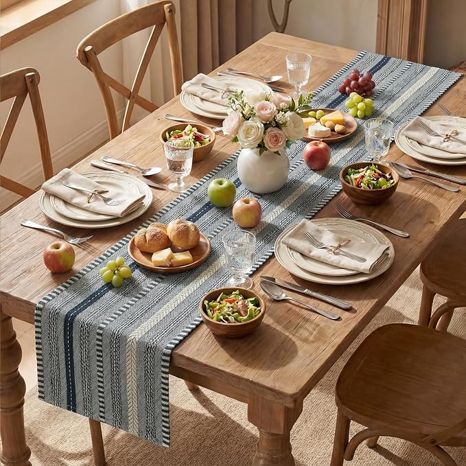 Artoid Mode Dark Blue Farmhouse Woven Table Runner, Seasonal Holiday Rustic Kitchen Dining Table Decoration for Home Party Decor 12x36 Inch