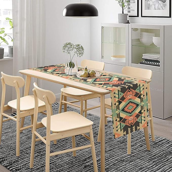 Aztec Table Runner, Southwestern Native Ethnic Navajo Abstract Geometric Tribal Vintage Beige Black Table Runners Decor for Kitchen Family Dinner Table Holiday Party 13x36 Inch