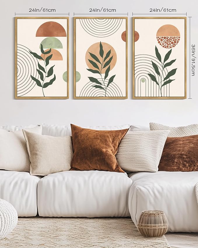 PHOPAGO Boho Abstract Wall Art Large 24x36in Botanical Mid Century Modern Framed Wall Prints Neutral Bohemain Sage Decor for Farmhouse Living Room - Natural Framed