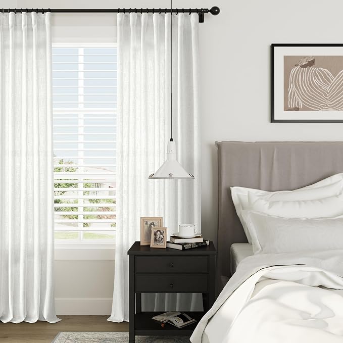Joywell White Linen Curtains 96 Inches Length Long Rod Pocket/Back Tab/Hook Belt/Clip Rings Semi Sheer Window Curtains Farmhouse Linen Drapes for Bedroom Living Room 2 Panels Set,52x96,Off White