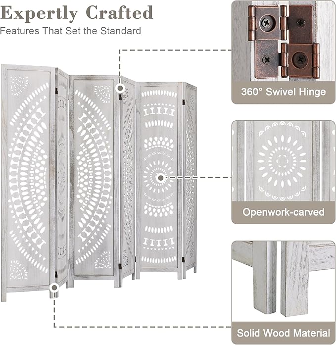 WelFurGeer Handcrafted Carved Wooden Room Divider Screen, Folding Privacy Screen for Room Separation, Decorative Room Dividers, 360° Adjustable Folding Panels for Privacy, Home, Office & Patio