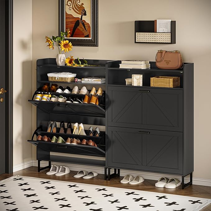 Wodeer Shoe Storage Cabinet with 2 Flip Drawers, Narrow Wood Shoe Cabinet Storage for Entryway with Metal Legs & Hooks, Adjustable Shelves, Freestanding Shoe Rack Organizer for Foyer, Hallway, Black