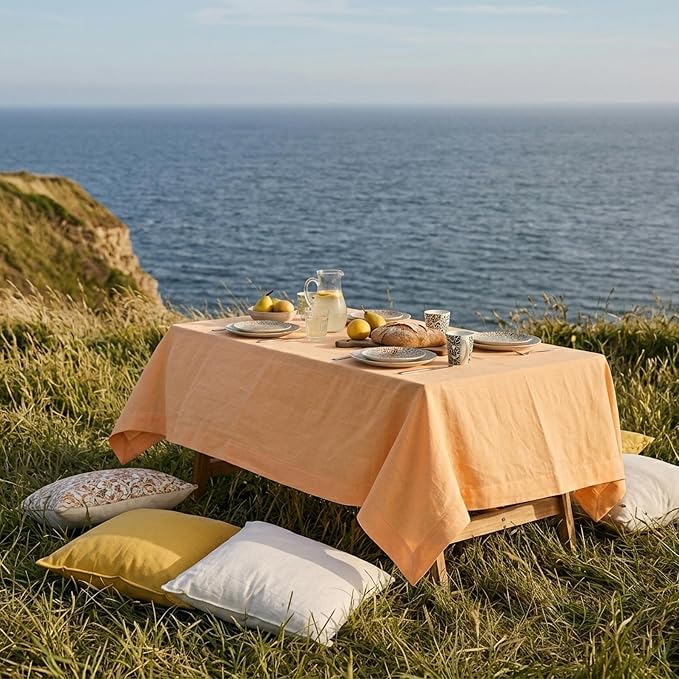 Solino Home Linen Tablecloth for Rectangle Tables 60 x 120 Inch - 100% Pure Linen Peach Table Cloth - Fete, Machine Washable Cloth Tablecloth for Summer