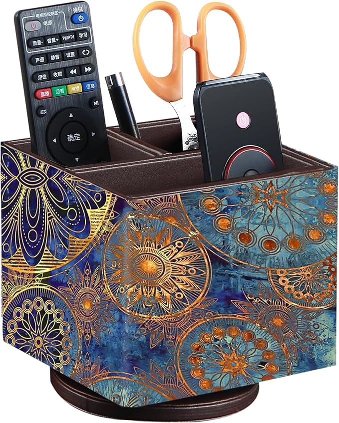Remote Control Holder PU Leather TV Remote Caddy for Table, 360 Swivel Pen Holder for Desk Organizers and Accessories, Nightstand Organizer for Bedroom/ Office, Home Decorations for Living Room