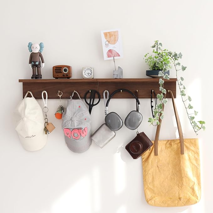 Marine Plywood Wall Mounted Coat Rack with Shelf & Key Hooks, 5 Brass Hooks Entryway Organizer, Modern Floating Shelf for Bedroom Hallway, Space-Saving Home Storage Rack (1, Walnut Finish)
