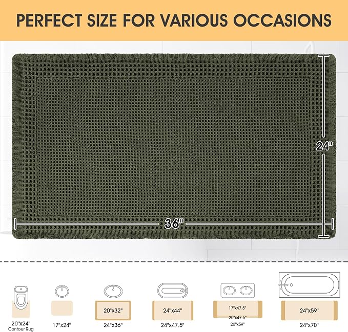 Waffle Bath Mat, Boho Woven Modern Bath Rug Absorbent Non Slip, Ultra Soft Bathroom Mats, Machine Washable Knit Bath Rugs with Border for Bathroom, Bedroom, Kitchen, Shower, Tub, 36"x24", Dark Green