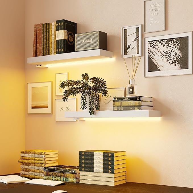 BAMEOS Floating Shelves with LED for Wall Decor, Sturdy Shelves with Warm Light, Wall Mounted Display Shelves, Set of 2, Hanging Shelf for Bathroom, Bedroom, Kitchen, Living Room Storage, White