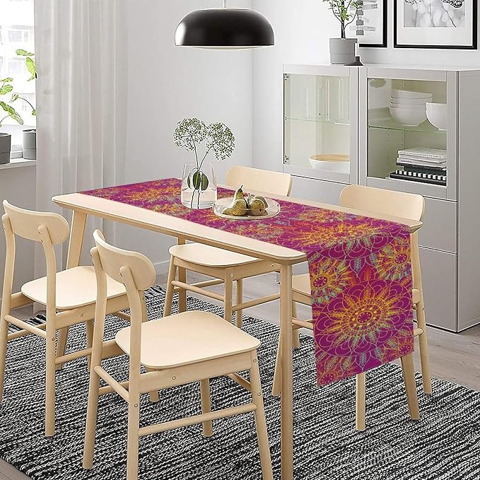 YCness Mandala Table Runner Abstract Colorful Modern Art Golden Purple Kitchen Dining Room Party Holiday Living Room Table Runner, 13x120 Inch