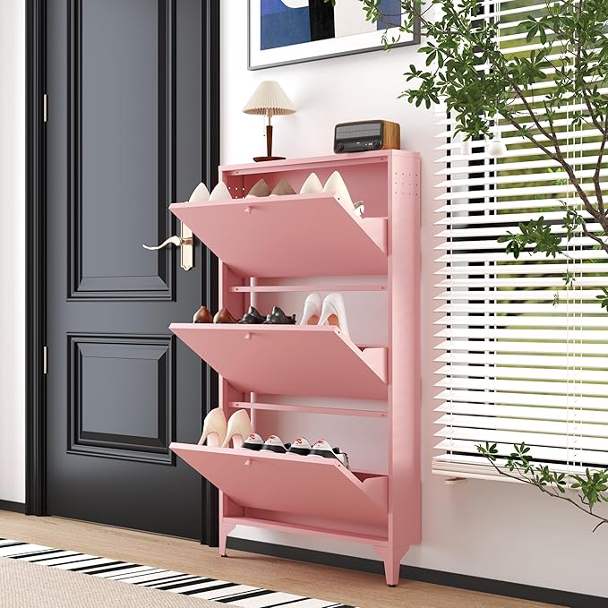 Shoe Storage Cabinet for Entryway with 3 Flip Drawers, Freestanding Shoe Organizer with Legs,Farmhouse Narrow Shoe Storage Cabinet for Entryway, Foyer,Living Room (3 Doors(Width 27.5), Red)
