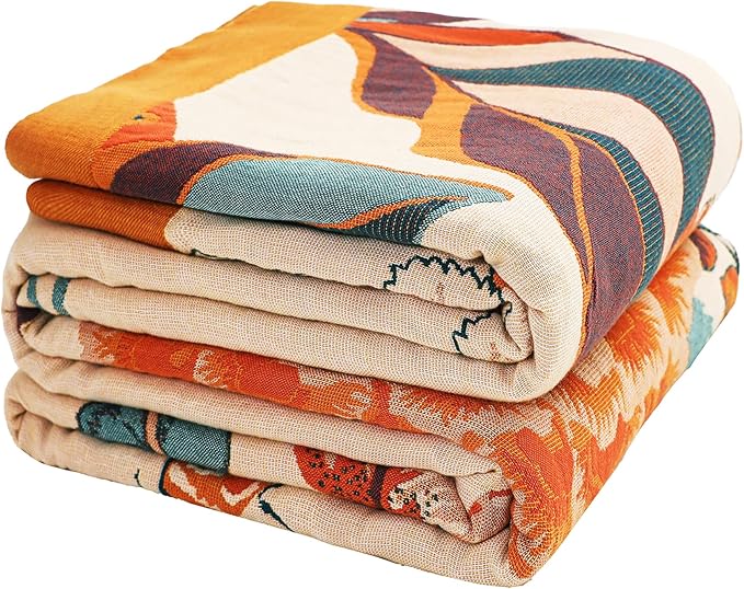 VANJOROY Boho Throw Blanket, 100% Cotton Breathable Soft Bed Throw - Floral Bird Farmhouse Decor Blanket for Sofa Couch Chair Quilt and Gift. 80" x 90"- Beige