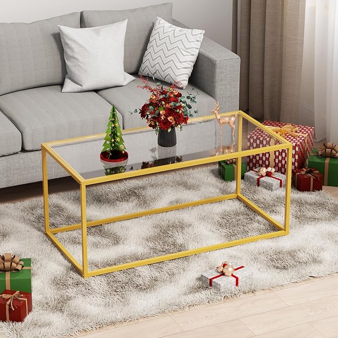 Coffee Table,Tempered Glass Coffee Table,Minimalist Center Table for Living Room,Office,Modern Glass Top Coffee Table with Sturdy Metal Frame & Open Storage, Easy Assembly,Gold