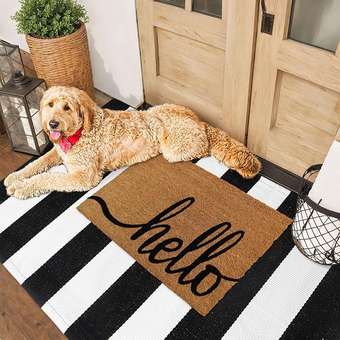 Striped Outdoor Rug 3'x5', Cotton Hand Woven Front Door Mat,Washable Reversible Outside Porch Rug, Foldable Layered Doormat for Entryway/Home Entrance/Farmhouse(Black and White)