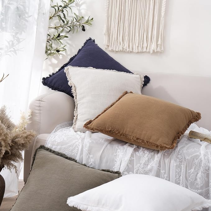 Foindtower Set of 2 Decorative Linen Fringe Throw Pillow Covers Cozy Boho Farmhouse Cushion Cover with Tassels Soft Accent Pillowcase for Couch Sofa Bed Living Room Home Decor, 22×22 Inch, Khaki Brown