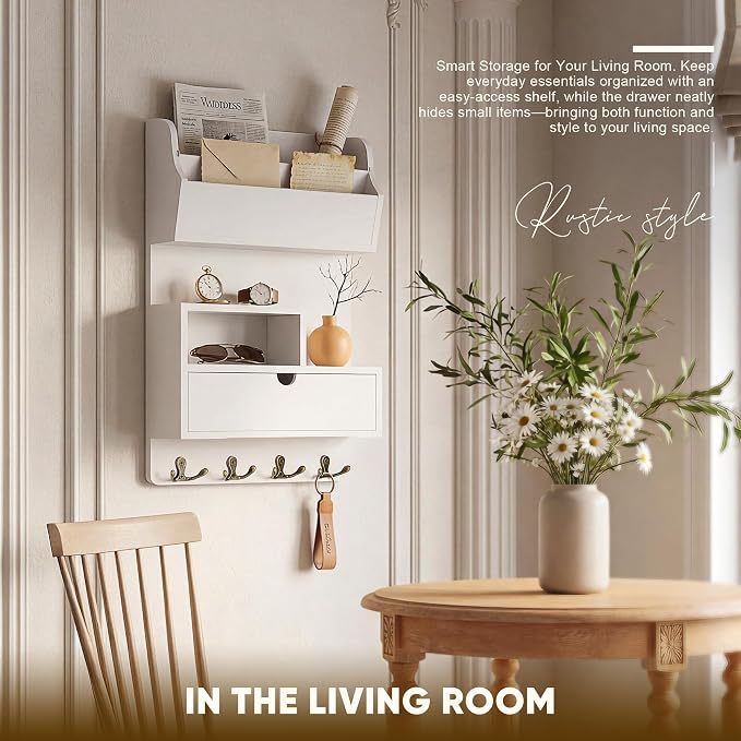 Rebee Vision Pine Wood Key Holder Wall Mount for Home Decor – Farmhouse Key Holder for Wall with Shelf & Drawer for Little Plant – Ideal Apartment Essentials for Stylish House Decor (White)