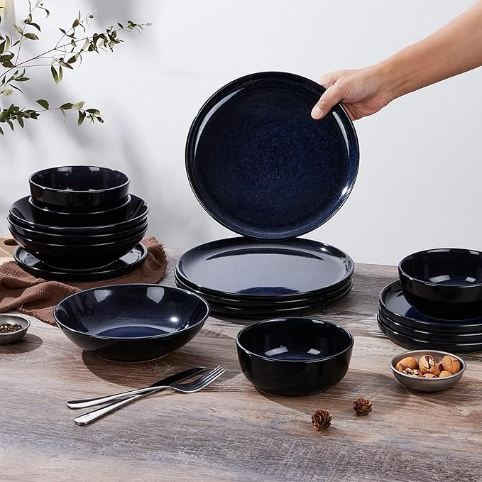 LIANYU Ceramic Plates and Bowls for 4, 12 Piece Modern Porcelain Dinnerware Dishes Sets, Chip and Scratch Resistant Dishware Set, Dishwasher & Microwave Safe Stoneware Set, Midnight Blue