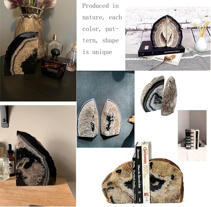 JIC Gem Agate Bookend(s) Black Bookshelf Decor geode bookends 1 Pair 3to 4 Lbs from Brazilian with Rubber Bumpers for Office and Home Decoration