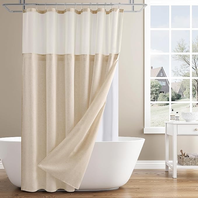 Naturoom Linen Shower Curtain 72 Inches Long for Bathroom with Snap in Liner Set Water Repellent Rustic Farmhouse Cloth Double Bath Curtains with See Through Top Ivory, 72x72