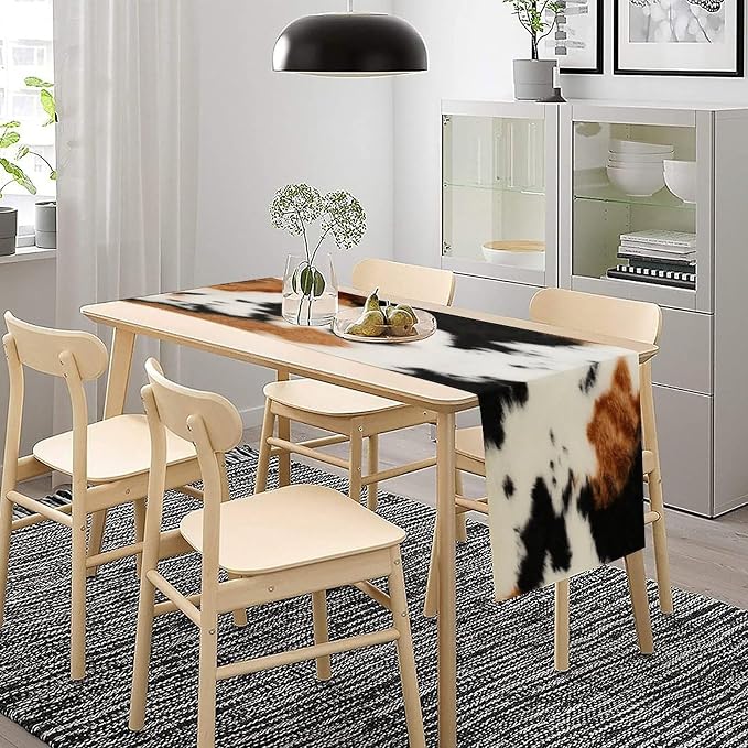 Cowhide Table Runne Vintage Cow Print 3D Rustic Theme Animal Fur Skin Farm Dining Table Decoration for Kitchen Dining Room Holiday Party Decor 13x36in