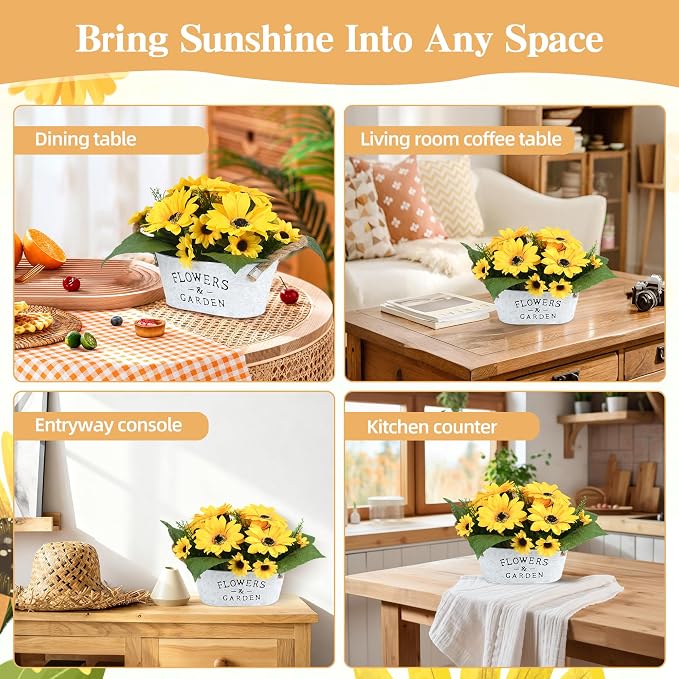 Sunflower Decor in Metal Pot – Artificial Sunflowers Bouquet with Cotton Handles, Centerpiece for Desk, Kitchen, Bathroom, Office, Classroom, Living Room, Table Decoration