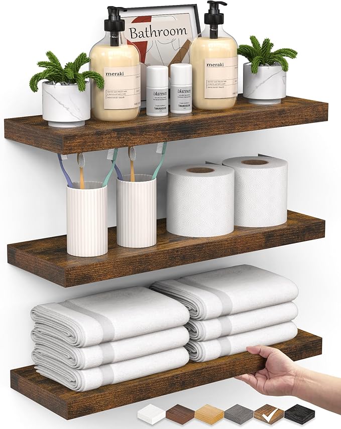 BAYKA Bathroom Floating Shelves for Wall Set of 3 - Rustic Brown Farmhouse Wood Shelves Over Toilet for Bedroom, Kitchen, or Living Room Decor Display, Storage for Plants, Toilet Paper or Bath Towels
