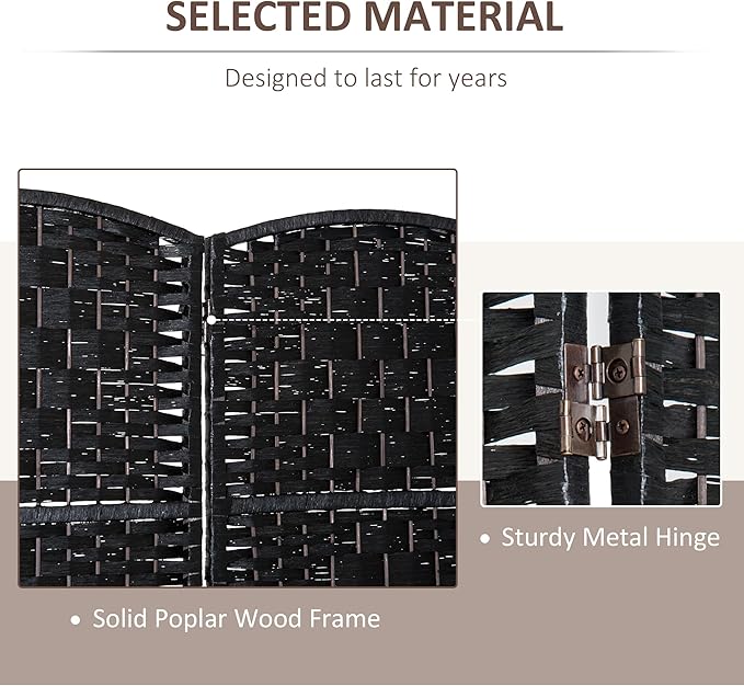 HOMCOM Room Divider 4 Panel, 6FT Tall Folding Privacy Screen, Freestanding Hand-Woven Partition for Room Separation with 360° Hinges, Paper Rope Diamond Weave, Black