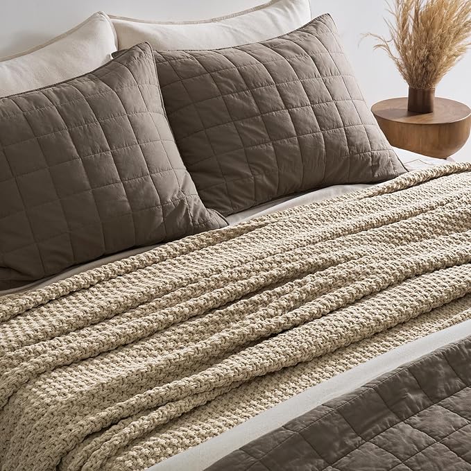 EVERGRACEHOME Chunky Chenille Knit Throw Blanket for Couch, Soft Luxurious Oversized King Moss Stitch Blanket for Bed, Large Cozy Farmhouse Knitted Throw for Sofa, Sand Dune, 92" x 108"