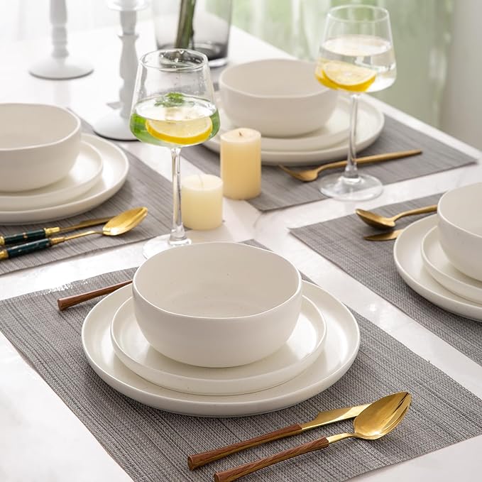 AmorArc Ceramic Dinnerware Sets, Wavy Rim Stoneware Plates and Bowls Sets,Dishwasher & Microwave & Oven Safe Dishes set, Service for 4 (12pc)-Matte Speckled White