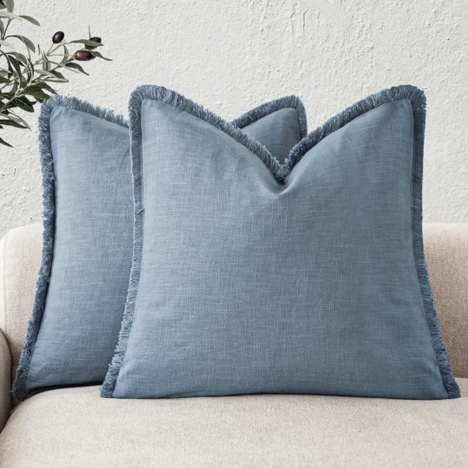 Foindtower Set of 2 Decorative Linen Fringe Throw Pillow Covers Cozy Boho Farmhouse Cushion Cover with Tassels Soft Accent Pillowcase for Couch Sofa Bed Living Room Home Decor, 24×24 Inch, Misty Blue