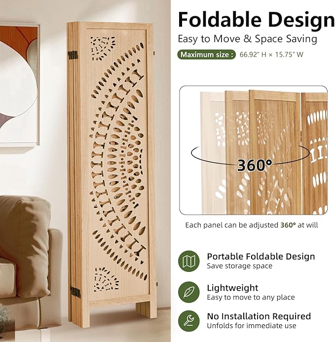 6 Panel Room Divider, 5.6 Ft Foldable Wood Room Divider Screen, Hand-Woven Folding Privacy Screens with Double Hinges, Wall Divider for Room Separation Bedroom Home Office - Carved Natural