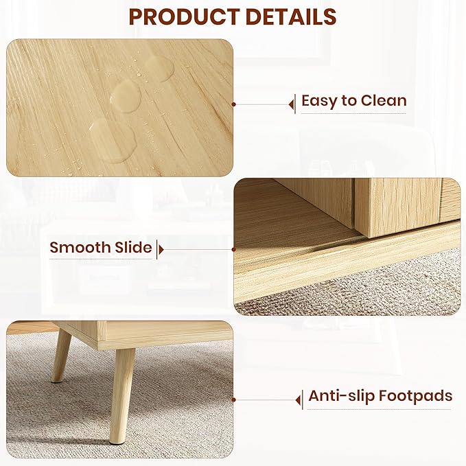 IDEALHOUSE Rattan Coffee Table with Storage, Farmhouse Boho Center Sofa Table with Sliding Door and Open Shelf for Living Room, Bedroom
