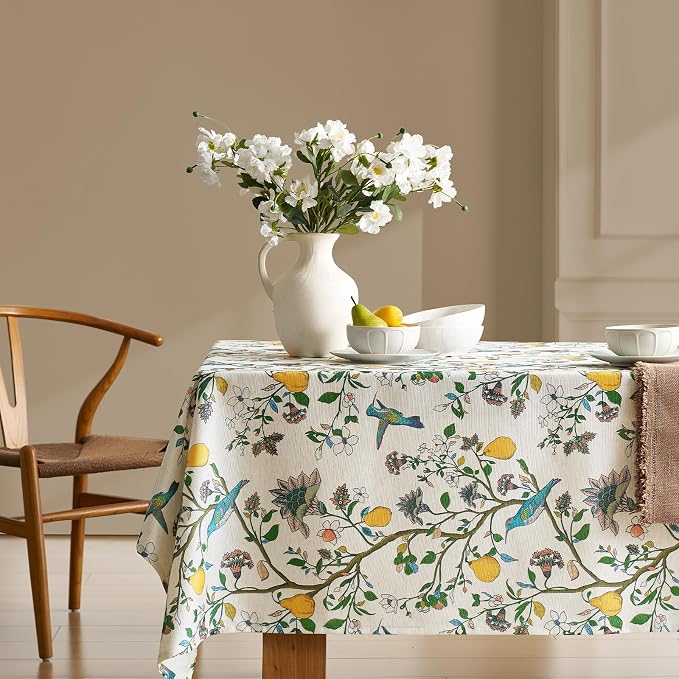 Vintage Colorful Floral Square Tablecloth: Linen Printed Farmhouse Table Cloth - Whimsical Plant Lemon Bird Patterned on Cream Burlap Textured Outdoor Table Cover for Home Decor, 55x55 Inch