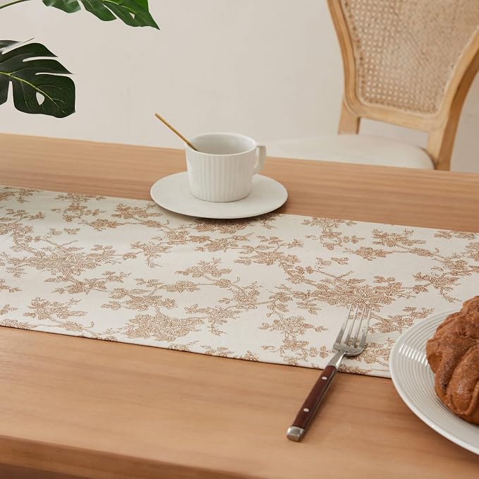 100% Cotton French Pastoral Table Runners, 13x48 Inch Brown Farmhouse Table Runners 48 Inches Long, Vintage Flowers Print Home Decors