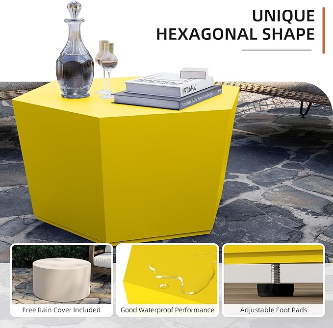 UPHA 28" Hexagon Outdoor Coffee Table, Modern Hollow Concrete Patio Table, Small Minimalist Low Accent Table for Living Room, Balcony, Deck, Backyard, Lemon Yellow