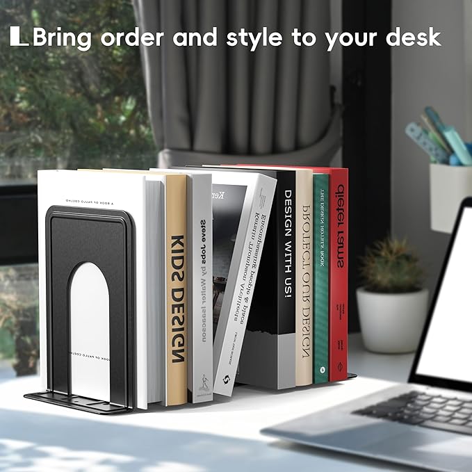 Optomni Bookends, Book End Supports Heavy Duty Metal Bookend Support, Book Ends Supports for Shelves Decor Home Office School 2 Pairs (Black, 4 Pairs/8 Pieces)