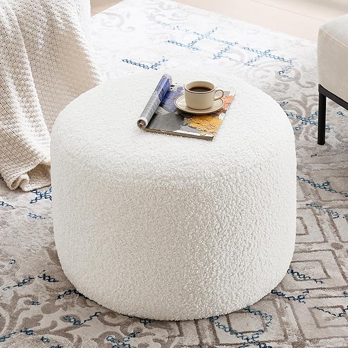 Flouki Pouf Ottoman Footrest, Foot Stools, Modern Round Upholstered Ottomans, Ottomans Pouffe, for Living Room, Bedroom, Entryway, Dorm, Selected Sherpa Fabric, White