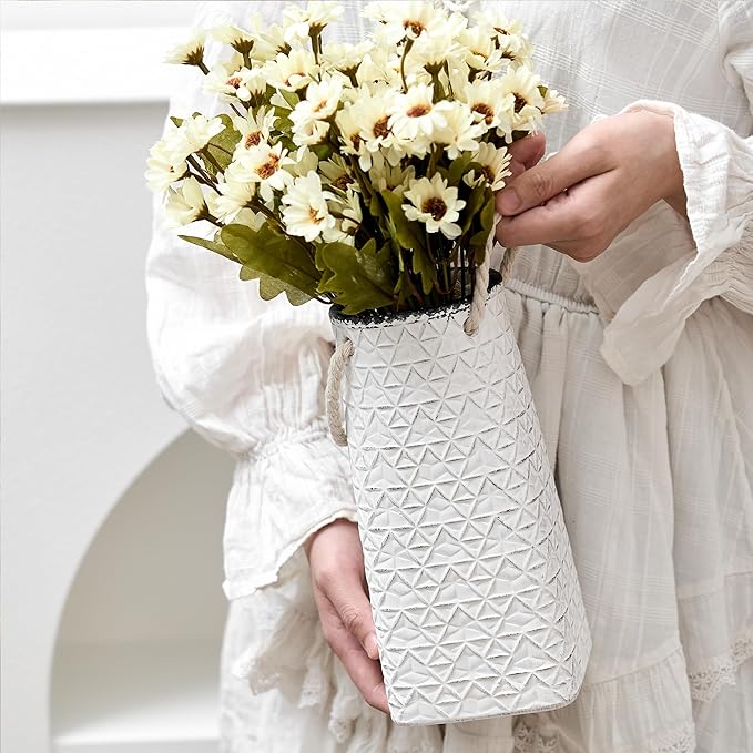 Vaseking Elegant White Petite Vase, 8.66 inch Ceramic Modern Minimalism Geometric Texture Purse Vase with Hanging Rope, Creative Tote Bag Vases for Home Decor, Living Room, Wedding, Bookshelf Decor