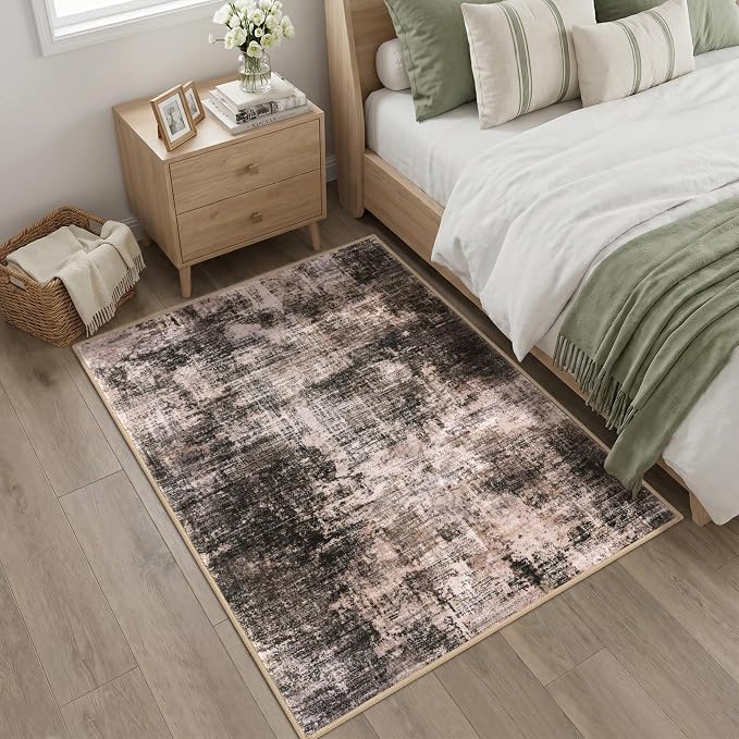 IOHOUZE Abstract Area Rug 4x5 Ft Washable Rugs for Entryway Indoor, Non Slip Small Living Room Rugs Printed Faux Wool Throw Rug, Floor Carpet for Kitchen Nursery Playroom, Brown/Rust