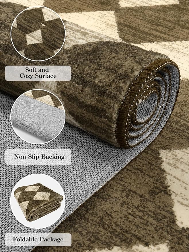 Lahome Zelie Machine Washable 3x5 Area Rug, Soft Rugs for Entryway Non Slip Kitchen Rugs, Moroccan Trellis Non Slip Non Shedding Printed Indoor Front Door Carpet for Bathroom Entrance, Brown