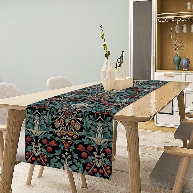 William Morris Original Design Green Table Runner Vintage Floral Table Runner for Dining Table Decor 13x36 Inch