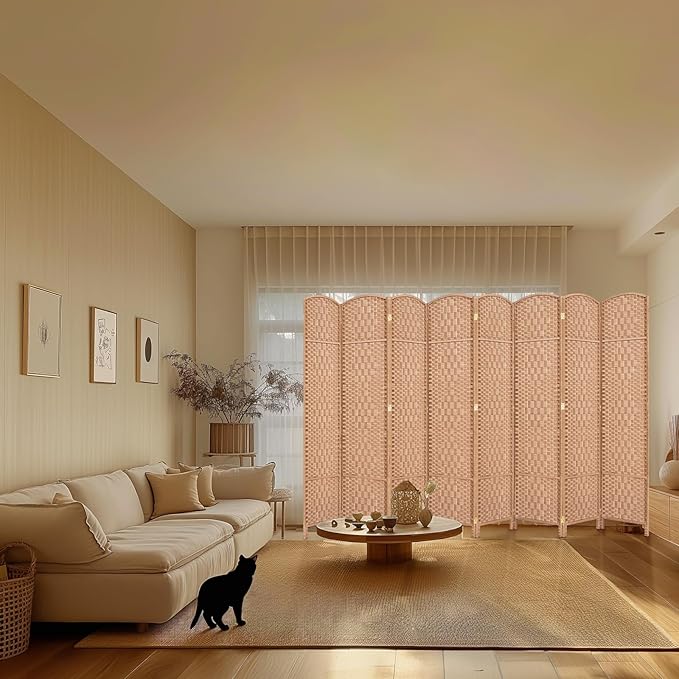 HALLYBEE Room Divider, Room Dividers and Folding Privacy Screens, 16in Privacy Screen, 8 Panel Temporary Wall Partitions, 6ft Space Separation Panel Screen, Natural
